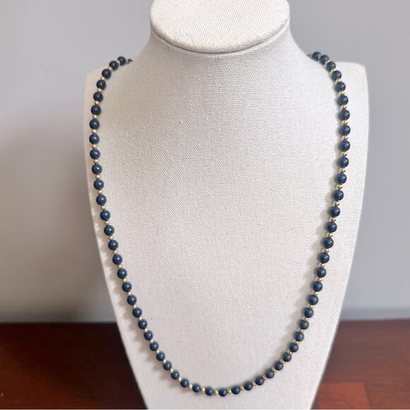 Monet Blue Navy Blue Gold Spacer Beads Necklace Vintage Retro Jewelry Marked - Picture 1 of 9